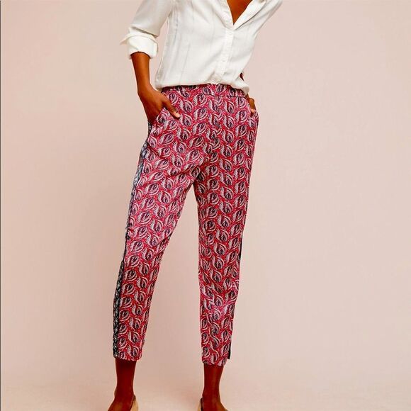 ETT:TWA by ANTHROPOLOGIE Cardiff Pants in red and navy leaf print - Picture 1 of 9